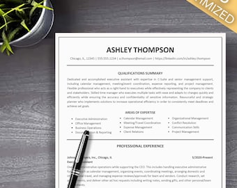 May include: A resume for Ashley Thompson, an executive assistant with experience in C-Suite and senior management support. The resume highlights her skills in calendar management, meeting/event coordination, expense reporting, and project management. It also mentions her experience in handling executive administrative functions, such as calendar management, organising events, coordinating meetings, arranging domestic and international travel, and managing expense reviews/approvals for team and vendors.
