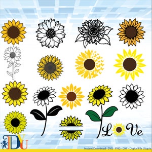 Pacote SVG de girassol, SVG de girassol, Svg de flor, Svg de monograma, Svg de meio girassol, Arquivos Svg de girassol, Arquivo cortado Cricut, Silhueta, Cameo