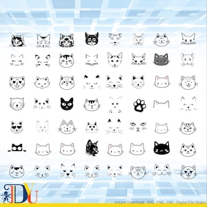 Tête de chat Svg, lot de Svg tête de chat, téléchargement immédiat de Svg de chat mignon, chat Png, fichier dxf chat Clipart Svg pour Cricut, chat Svg Bundle
