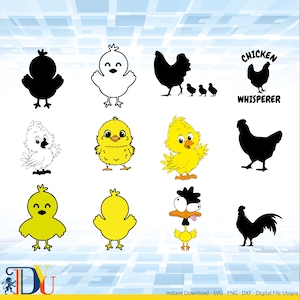 Poussin SVG. Ensemble de poussins de Pâques Clipart PNG. Chicken Boy - Girl Cut Files. Poussin avec des lunettes de soleil Silhouette Vector Machine de découpe téléchargement