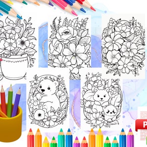 40 pages flowers and cute animals  adult and kids coloring page  Colorful Creatures and Flowers  Charming Coloring Pages gift for kids