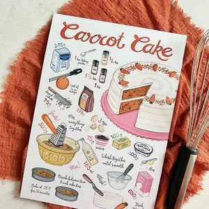 Illustrazione della ricetta della torta di carote, stampa artistica, A5, A4, A3