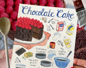 Chocolate Cake Recipe Illustration, Art Print, A5, A4, A3
