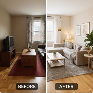 Puede incluir: Comparación del antes y el después de una sala de estar renovada. La imagen del "antes" muestra un espacio oscuro y anticuado con un mueble de TV de madera y un sofá de cuero. La imagen del "después" muestra una sala de estar moderna y luminosa con un sofá seccional y una lámpara de arco dorada.