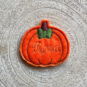 Può includere: Un'applicazione a forma di zucca in feltro arancione con il nome "Rosa" ricamato in corsivo. La zucca ha un gambo verde e una parte superiore viola scuro. L'applicazione è probabilmente per un progetto artigianale o una decorazione.