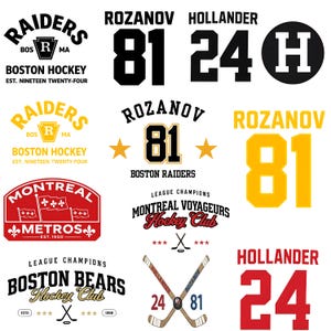 Könnte beinhalten: Eine Sammlung von Hockey-Grafiken und Logos. Enthält Teamnamen wie "Raiders", "Montreal Metros" und "Boston Bears". Enthält die Trikotnummern "81" und "24" sowie Hockeyschläger und Sterne.