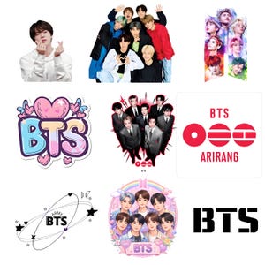 Op de afbeelding: Een collage van afbeeldingen met de Zuid-Koreaanse boyband BTS. De afbeeldingen bevatten groepsfoto's, individuele portretten en gestileerde logo's. Het kleurenpalet is divers, variërend van levendig tot monochroom.