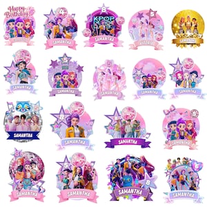 Puede incluir: Una colección de coloridas decoraciones para tartas de cumpleaños con varios diseños. Cada decoración incluye el nombre "Samantha", estrellas, bolas de discoteca e imágenes de personas. Algunas decoraciones tienen el texto "Happy Birthday" y números.