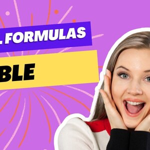 Könnte beinhalten: Eine Frau mit einem überraschten Gesichtsausdruck ist auf dem Bild zu sehen. Der Text "EXCEL FORMULAS BIBLE" wird auf einem gelben und violetten Banner angezeigt.