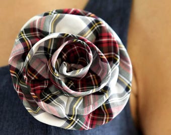 Plaid Fabric Flower Brooch: Tartan Rose Pin for Women. Christmas style brooch