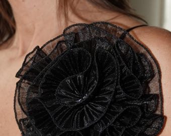 Oversized Black Organza Flower Brooch: Statement Pin (8x8’)