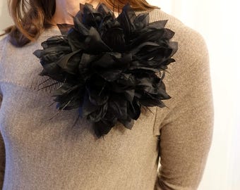 Large Silk flower brooch with feathers. Black Flower pin. Packed as a gift