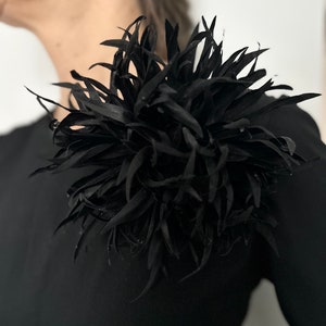 Puede incluir: Un boa de plumas negras, un accesorio voluminoso y suave, se lleva alrededor del cuello. El boa está hecho de plumas suaves y delicadas que crean un look dramático y elegante.
