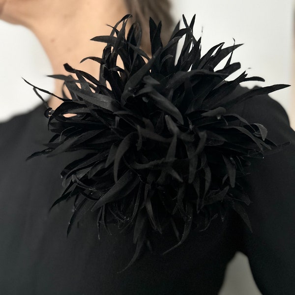 Large Black Silk Flower Brooch - Chrysanthemum Pin