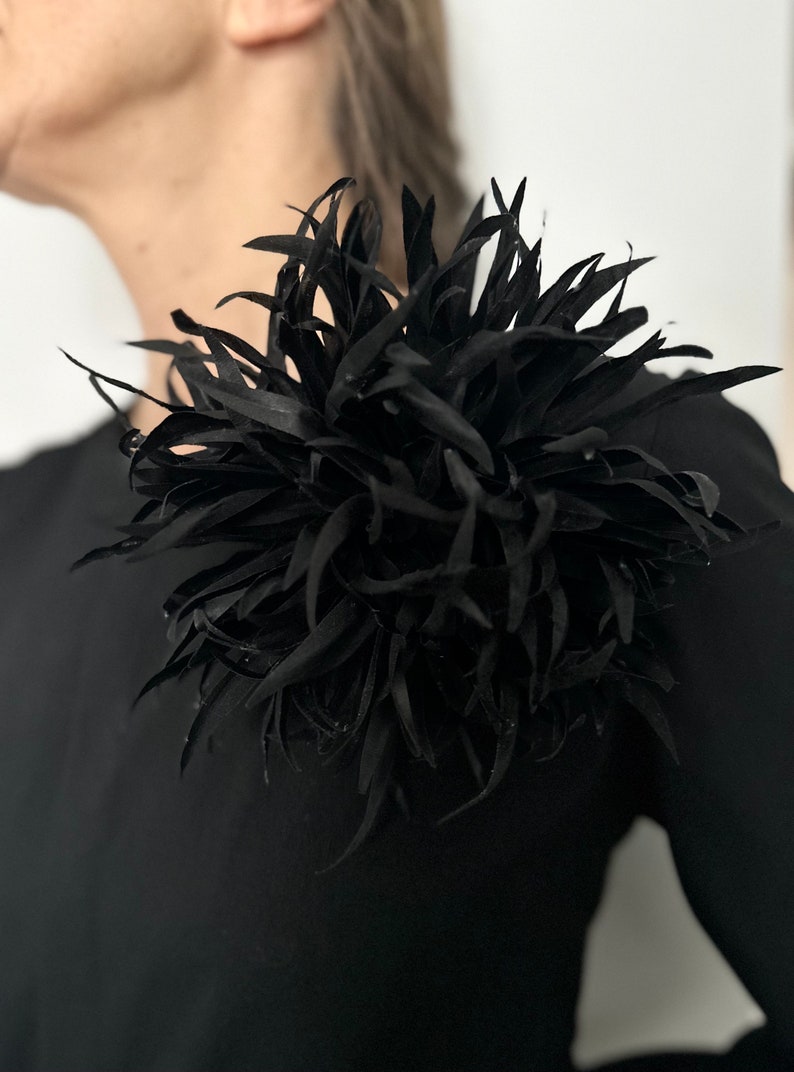 Large Silk flower brooch. Flower pin. Black color. Big flower brooch. Packed as a gift image 1