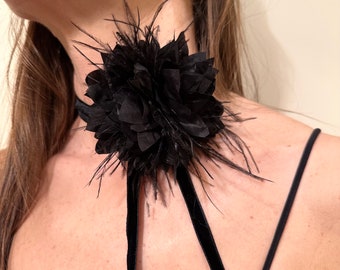 Handmade Silk Flower Choker: Black Feather Velvet Necklace
