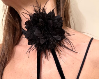 Silk flower choker with feathers, Black necklace. Handmade flower necklace. choker - black