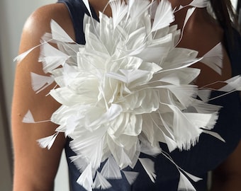 Handmade White Silk Flower Brooch, Feather Hair Clip, Bridal Accessory