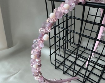 Skinny Beaded Headband, Light Pink Crystal Hair Band