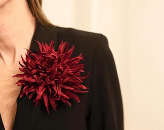 Medium Silk Flower Brooch - Red Chrysanthemum Pin