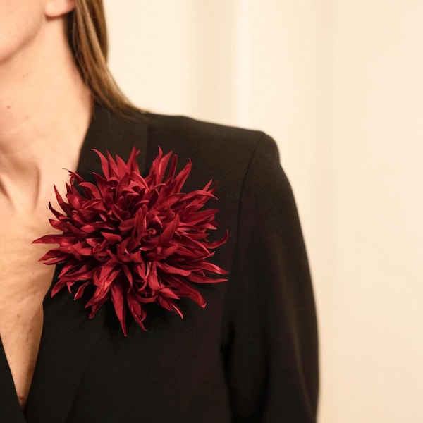Medium Silk Flower Brooch - Red Chrysanthemum Pin