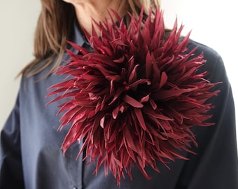 Large Silk flower brooch with feathers. Flower pin. Burgundy color. Packed as a gift