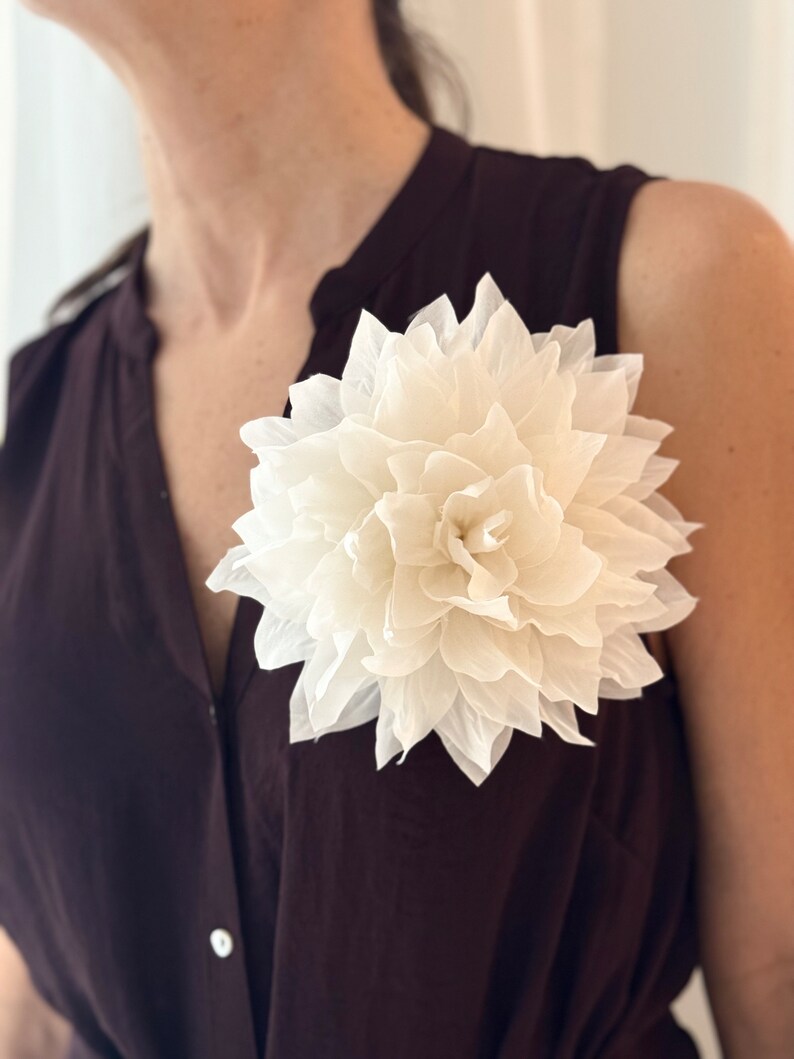 Large Silk flower brooch. Flower pin. White color flower brooch. Packed as a gift image 5