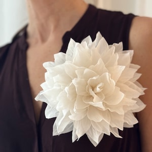 Large Silk flower brooch. Flower pin. White color flower brooch. Packed as a gift