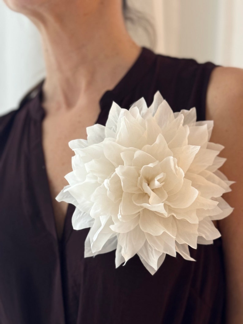 Large Silk flower brooch. Flower pin. White color flower brooch. Packed as a gift image 1