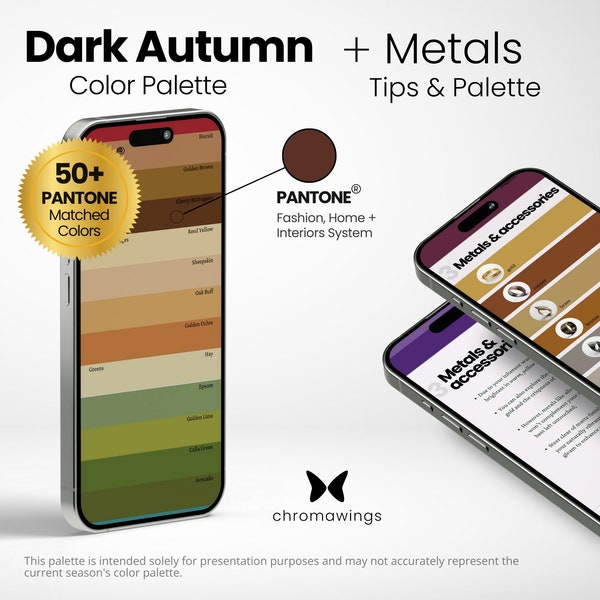 Dark Autumn Color Palette + Metals | Pantone Matched Digital Swatch Fan | Seasonal Palette | Color Analysis