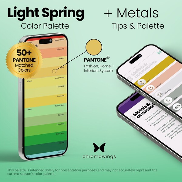 Light Spring Color Palette + Metals | Pantone Matched Digital Swatch Fan | Seasonal Palette | Color Analysis