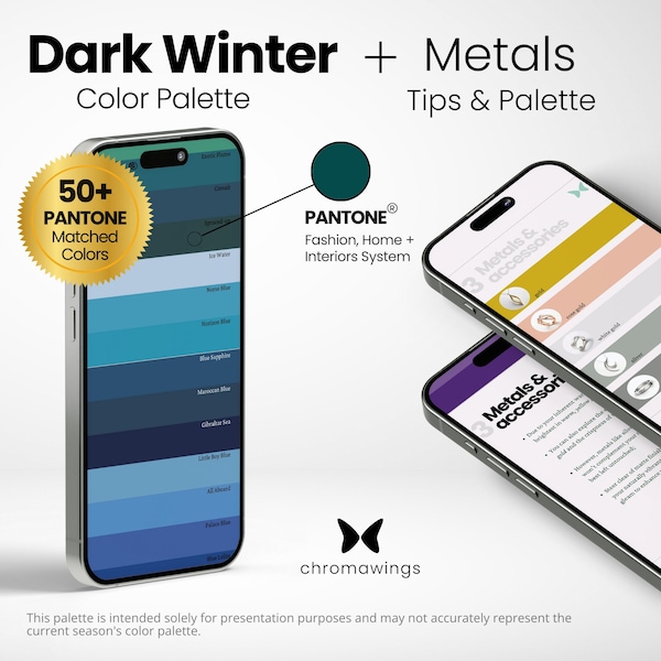 Dunkle (tiefe) Winterfarbpalette + Metalle | Pantone Matched Digital Swatch Fan | Saisonale Palette | Farbanalyse