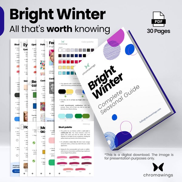 Guide complet de l'hiver éclatant | Tout ce qu'il faut savoir | Téléchargement numérique PDF | Kit d'analyse des couleurs | Palette de couleurs
