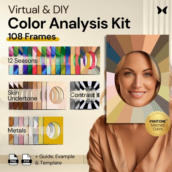 Kit di analisi del colore per analisi virtuali e fai da te / Set completo di cornici colorate per volti stagionali per 12 stagioni / Formati digitali e stampabili