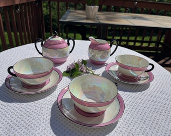 Vintage, Pink, Black and Pearlescent tea set. GHO Bavaria. Set includes Sugar Bowl, Creamer, 3 teacups and 3 saucers