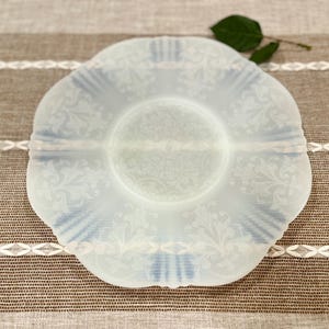 Macbeth Evans Monax Glass Platter: 1930s Opalescent, 11 1/2”, Cupcake, cookie plate, white, ‘American Sweetheart’ pattern