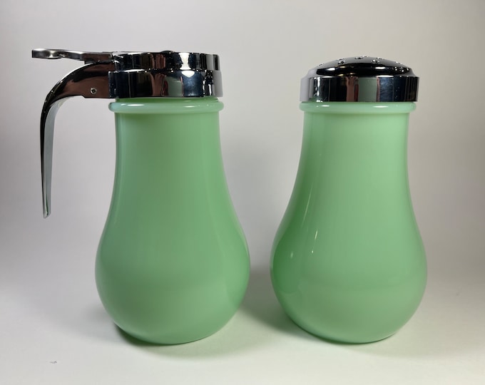 Jadeite Mosser Glass, Syrup Dispenser & Powered Sugar Shaker the
