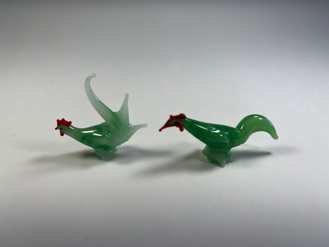 2 Vintage Miniature Green Glass Rooster and Hen Made in Etsy