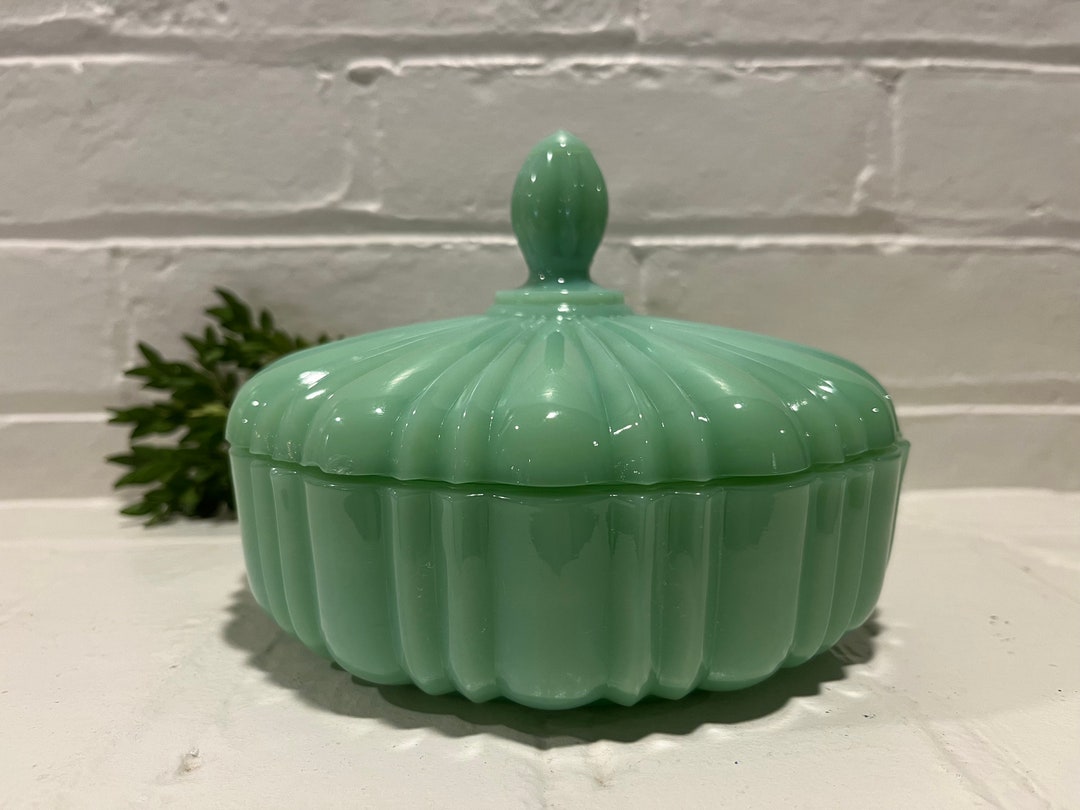 Jadeite Fire King Ribbed Candy Dish With Lid. Anchor Hocking Etsy