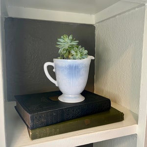 May include: A white and blue vintage creamer with a floral design, filled with a green succulent plant, sits atop two antique books on a white shelf. The creamer has a handle and spout.