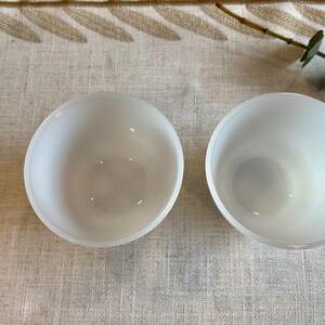 May include: Two white, frosted glass bowls are displayed on a neutral-toned, textured surface. The bowls are round with a simple, minimalist design. A sprig of greenery is visible in the upper right corner.