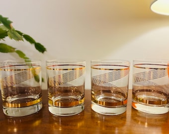 MCM, Libbey Glass, 2 lowball tumbler set. ‘Lifestyles’, 22k. Gold helix stripe. Old-fashioned glasses. Mid Century Modern bar