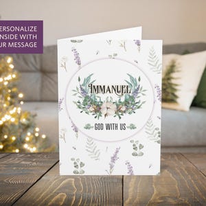 Juego de tarjetas navideñas cristianas personalizables personalizadas de Immanuel / Versículo bíblico, fe religiosa, saludo alegre, Hanukkah / lavanda y eucalipto