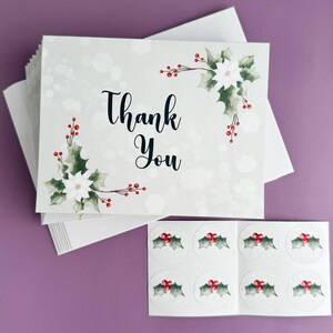 CONJUNTO: Cartões de agradecimento com poinsétia e envelopes autoadesivos | Cartão de nota com versículo bíblico floral de azevinho | Arte para presente religioso de Natal, Hanukkah