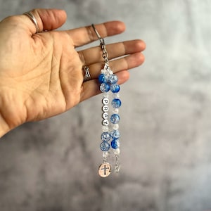 Pray for Israel beaded keychain | silver Star of David cross charm | Christian Jewish blue white crackle prayer beads charm | give support