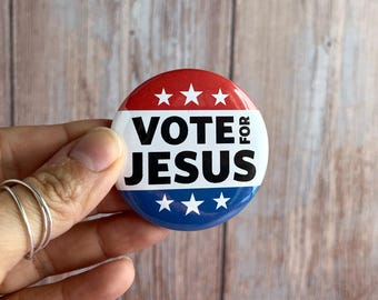 Conjunto de botones patrióticos antipolíticos "Vota por Jesús" / pin religioso con diseño de león, paloma, estrellas y rayas / pinback de presidente de elecciones de EE. UU.
