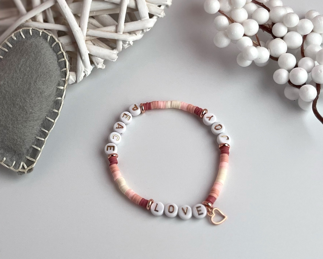 Love Joy Peace Beaded Stretch Bracelet Rose Gold Heart Charm