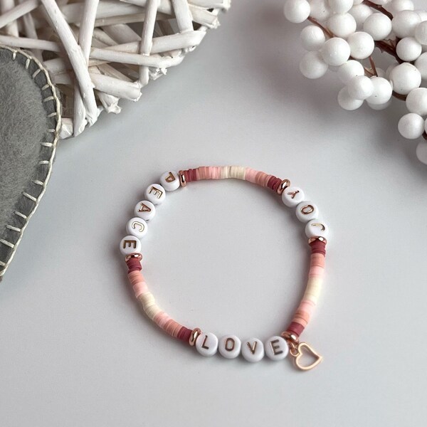 Love Joy Peace beaded stretch bracelet rose gold heart charm | pink white clay bead jewelry | religious faith word of God Bible verse gift