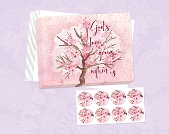 Gottes Liebe wächst Karte SET mit Umschlägen | pastell baum geblümte Bibel Vers Notizkarte | Ermutigung zum religiösen Glauben der christlichen Schrift