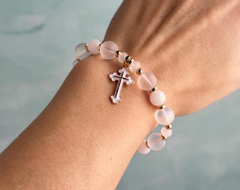 Dooptoewijding zuiverheidsarmband | wit jade gouden christelijke armband met kruisbedel | Doopbevestiging religieus cadeau-sieraden